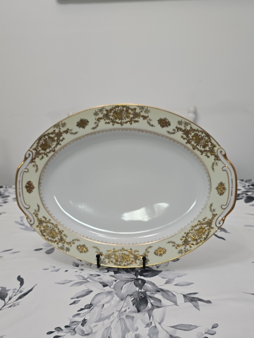 Vintage Wiss China Oval Serving Tray Porcelain Japan White Gold Floral Filigree